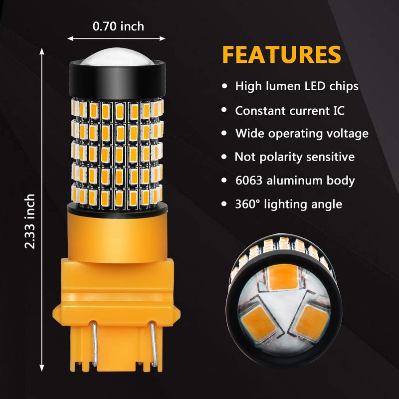PHINLION 3157 4157 LED Amber Yellow Bulbs, 2800 Lumens Super Bright T25 Wedge 3156 3157A 3057NA 3457NA 4157NA Turn Signal Blinker Lights, Pack of 2 - Image 4